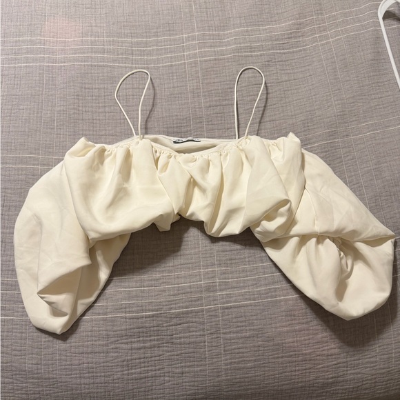 ZARA WOMAN SS22 VOLUMINOUS TOP CROPPED OYSTER WHITE - Picture 2 of 3